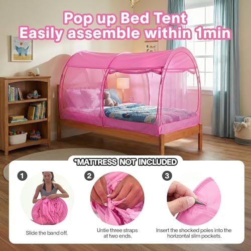 Alvantor® Mosquito Net Bed Canopy Tents Dream Privacy Space Twin Size Sleeping Tents Indoor Pop Up Portable Frame Breathable Cottage Pink (Mattress Not Included) - Image 3