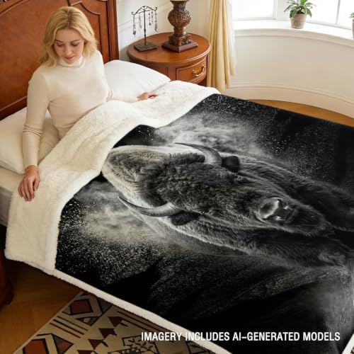 Bison Blanket Motivational Sherpa Throw for Couch, Powerful Buffalo Design for Gym Office Decor, 60x80 Inches Soft Fuzzy Cozy Animal Black Blanket for Men Loft Space - Image 3