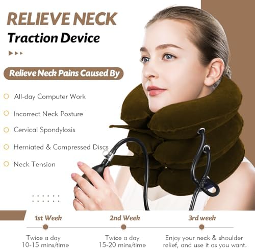 Jaximy Neck Stretcher, Cervical Traction Device, Neck Traction Device, Neck Pain Relief, Adjustable Inflatable Neck Brace & Neck Stretcher, Neck Decompression Home Use (Khaki Brown) - Image 2