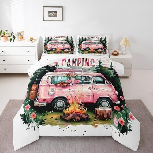 Erosebridal Kids RV Camper Full Bedding Set,Happy Camping Comforter Set for Boys Girls Bedroom Decor,Rustic Country Flower Bed Set Woodland Tree Bedding Comforter Sets,2 Pillowcases by Erosebridal
