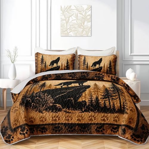 HOSIMA Wolf Quilt Queen,Howling Wolf Forest Bedding with 2 Pillowcases. by HOSIMA