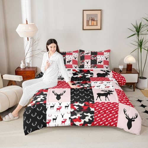 Erosebridal Boys Camo Comforter Set, Deer Silhouette Bedding Set King for Kids Teens Adult, Black White Red Camouflage Quilted Comforter Antlers Grid Checkered Down Comforter with 2 Pillow Cases - Image 3