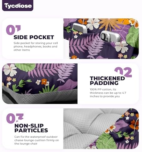 Outdoor Chaise Lounge Chair Cushion, 71 x 22 x 4.7 Inches Waterproof Chaise Lounge Cushions Thickened for Outdoor Furniture, Non-Slip Patio Lounge Chair Cushions, Purple Floral Leaf - Image 5