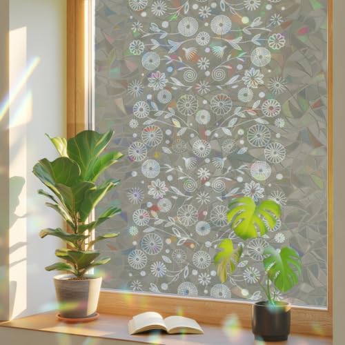 Japanese Window Privacy Film Rainbow Static Cling Stain Glass Window Film for Glass Door, Decorative Sunroof Decal Sticker for Car 35.4"x78.7" Grey Simple Traditional Flowers Leaves Pattern - Image 3
