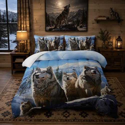 Nttopship Snowy Wolf Comforter Set for Adults 3Pcs,Forest Snow Wolf Theme Twin Size Bedding Set Soft Warm for All Season Room Decor with 1 Comforter and 2 Pillow Case by Nttopship
