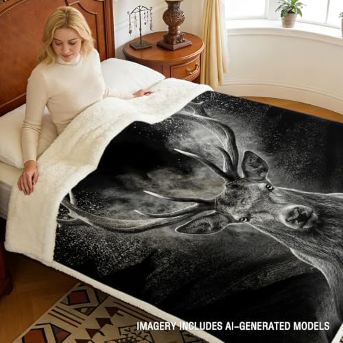 Stag Blanket Rustic Lodge Sherpa Throw for Couch, Masculine Deer Design for Cabin Decor, 60x80 Inches Soft Fuzzy Cozy Animal Black Blanket for Men Living Room - Image 3