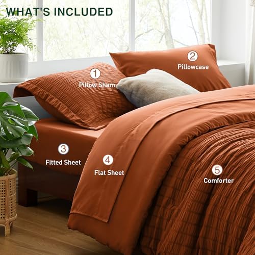 Love's cabin Seersucker Terracotta Twin Comforter Set, 5-Piece Bed in a Bag - Image 6