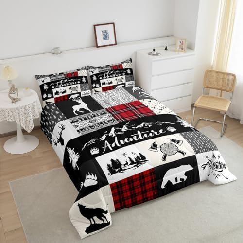 Castle Fairy Deer Antlers Comforter Set Queen Size,Bear Pine Wolf Hunting Camper Bedding Set for Women Adult,Adventure Rustic Farmhouse Red Plaid Luxury Bed Duvet Insert, 2 Pillowcases - Image 4