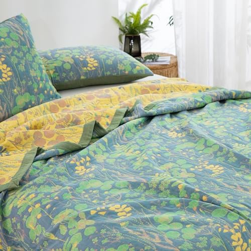 100% Cotton Muslin Botanical Blanket Jacquard Floral Plants Pattern Quilt, Soft Bed Cover Lightweight Breathable Gauzy Reversible Bedspread Coverlet Bedding King(98"x94"), No Pillow Sham - Image 3
