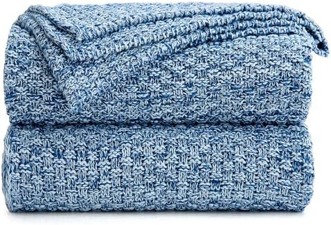 Longhui bedding 100% Cotton Knitted Throw Blanket – Blue White, Soft & Cozy, Machine Washable, 60"x80" – Perfect for Living Room, Couch, Sofa, Bed or Travel by LongHuiBedding