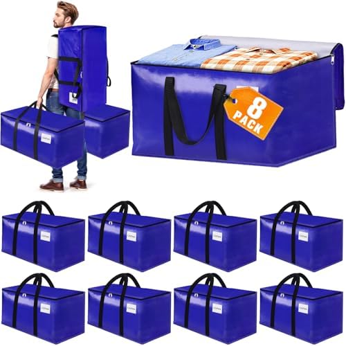 FabSpace 8-Pack Moving Bags with Backpack Straps & Carry Handles, 20 Gallons-76 L Heavy Duty Storage Totes for Space Saving, Foldable Storage Bags for College Dorm, Travel, Camping (Blue) by Fabspace