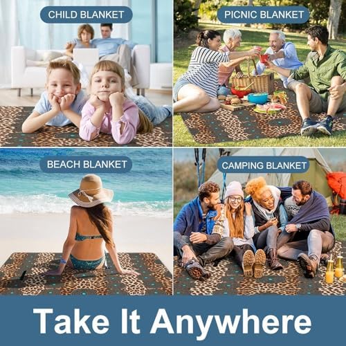 Outdoor Family Beach Picnic Blanket Rustic Brown Teal Western Country Tooled Leather Pattern Waterproof Large Picnic Mat Foldable Sandproof Camping Blanket - Image 5