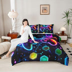 Castle Fairy Boys Gaming Reversible Comforter Set Full Size,Video Games Gamepad Print Bedding Set Gamer Room Decor,Space Galaxy Glow Neon Hexagon Duvet Set with 2 Pillowcases,Polyester (Purple Blue) - Image 2