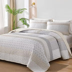 WONGS BEDDING Beige Quilt Set California King, Boho Stripe Bedding Set by WONGSBEDDING