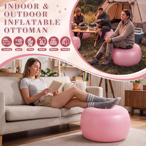 Novabright Inflatable Round Ottoman with Foot Pump Pouf, Pink - Image 4
