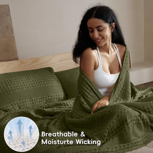 PHF Lightweight 100% Cotton Waffle Blanket, Oversized King, Capulet Olive - Image 3