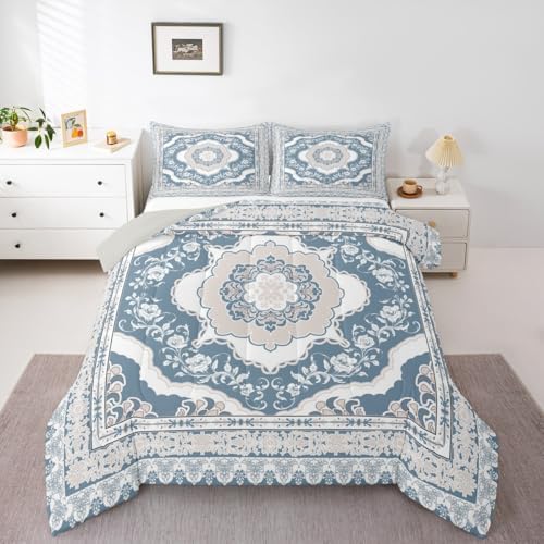 Erosebridal Light Blue White Floral King Comforter Set - Vintage Flower Bedding Set for Kids Adults | Boho Aesthetic Flowers Quilt | Farmhouse Cottage Bedroom Decor with 2 Pillowcases - Image 2