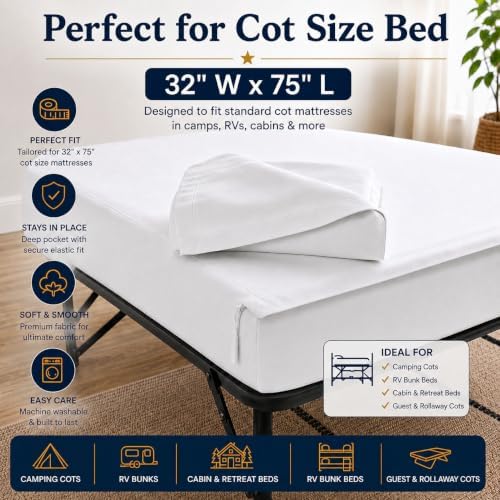 Zipper Cot Fitted Sheet Bundle, 32 x 75 Camping Cot Mattress Sheets, 400 Thread Count 100% Cotton, Includes 1 Wraparound Base, 2 Removable Zipper Top Sheets & 2 Pillowcases, 8 Inch Deep Pocket, White - Image 2