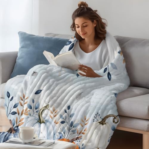 Blue Pumpkins Fall Throw Blanket, Thanksgiving Eucalyptus Fluffy Soft Blankets for Couch Bed Travel, Autumn Leaves Plush Microfiber Striped Flannel Blankets, Lightweight Sofa Blankets 60"x80" - Image 5