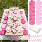Beeveer 71x150'' Extra Large Outdoor Picnic Blanket with Pink Table Runner 12 Napkins and 12 Pink Floor Pillow Cushions for Picnic Party Camping Wedding Bachelorette Birthday Baby Shower Decor by Beeveer