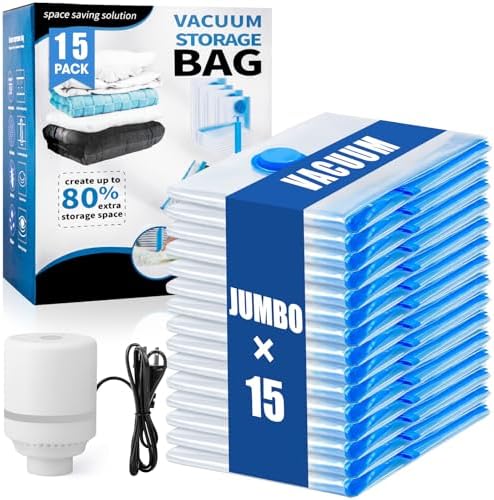 15 Jumbo Vacuum Storage Bags for Bedding with Electric Pump by Besslly