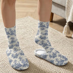 Toile de Jouy Fuzzy Slipper with Socks for Women Cozy Slipper Indoor - Image 3