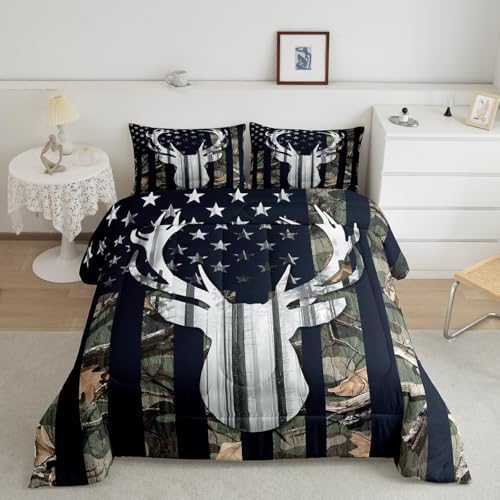 Rustic Deer Comforter Set Twin Size,Wild Animal Hunting Hunter Lodge Decor Quilt Set,Green Camo Print Stars Stripes American Flag Branch Plant Bedding for Camping RV Travel Trailer, 1 Pillowcase - Image 6