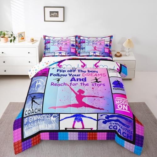 Feelyou Gymnastics Bedding Set Gymnastics Lovers Comforter Set for Kids Boys Children Gymnast Sports Comforter Ultra Soft Decor Plaid Grid Purple Duvet Set King Size Quilt Set 3Pcs - Image 4
