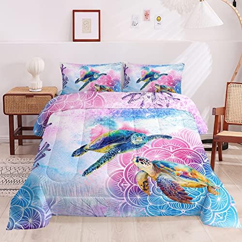 HOSIMA Sea Turtle Bedding,Coastal Beach Themed Comforters Queen Size for Kids Teen Girls Boys Room Decor, Toddler Bedding Set,Mandala Turtle Comforter with 2 Pillowcases. - Image 3