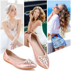 KUNWFNIX Women's Ballet Flats Foldable Classic Crown Rhinestone Slip On Bowknot PU Leather Faux Suede Pointed Toe Comfort Flat Casual Dress Shoes - Image 2