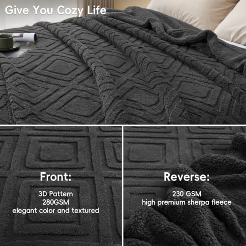 PHF Soft Sherpa Fleece Blanket Twin, Tufted Jacquard, 02-Dark Grey - Image 4