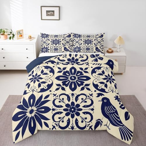 Erosebridal Mexican Talavera Tile Bedding Set Full - Vintage Flower Comforter Set, Mexico Exotic Floral Quilt for Kids Adults, Aesthetic Patchwork Flowers Bedroom Decor - 2 Pillowcases - Image 2