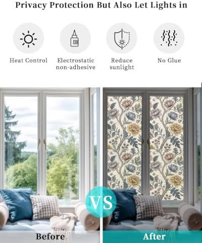 Window Privacy Film Frosted, Vintage Garden Flower Reusable Static Cling Window Tints, Rustic Floral Leaf Pastoral Plants Heat Control Windows Films for Offices, Balcony, 29.5 x 118 Inches - Image 6
