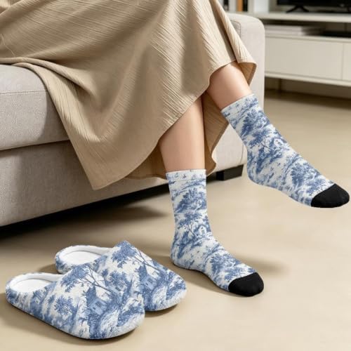 Toile de Jouy Fuzzy Slipper with Socks for Women Cozy Slipper Indoor - Image 4
