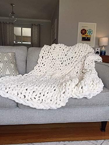Chunky Knit Throw Blanket Chenille Yarn Soft Cozy Bulky Knitted Blanket for Sofa Bed Chair Large Hand Made Boho Home Decor White 32x40 - Image 4