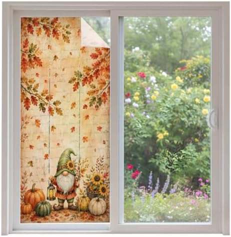 Window Privacy Film Frosted, Thanksgiving Gnomes Non-Adhesive Static Cling Window Tint, Fall Orange Pumpkin Maple Leaves Insulated Windows Frosted Films for Living Room, 35.4 x 78.7 Inches by Unknown