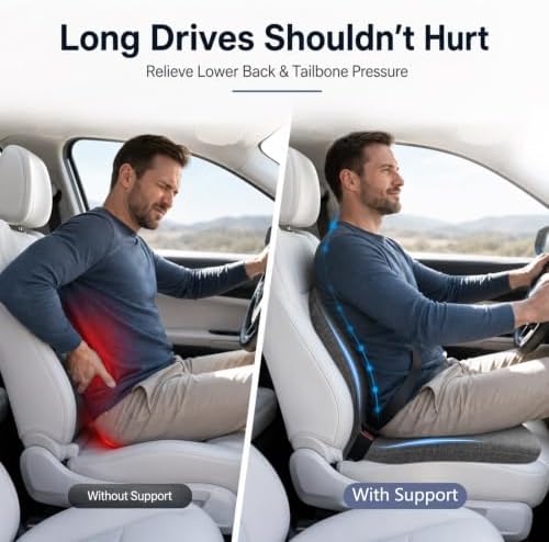 Car Seat Cushion with Lumbar Support Pillow - Memory Foam Driver Seat Cushion for Back & Sciatica Pain Relief, Washable Cover, Non-Slip Bottom for Long Driving (Grey) - Image 3
