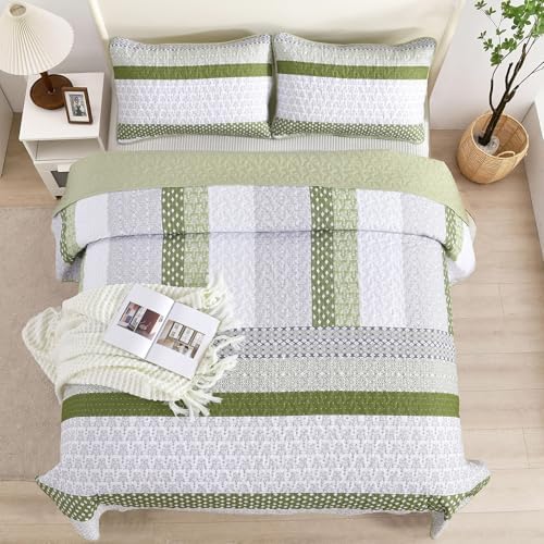 WONGS BEDDING Quilt Queen Size Olive Green, Bohemian Stripe Bedspread - Image 2
