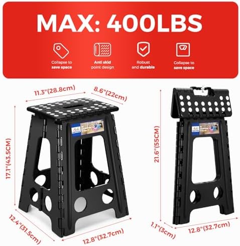 ACKO 17.5 Inch Folding Step Stool with Safety Lock, Holds 400 lbs, Black - Image 4