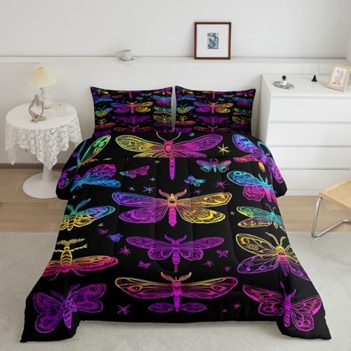 Butterfly Bedding Set, Trippy Ombre Dragonfly Comforter Set for Kids Girls Teens, Gradient Rainbow Butterflies Bedding Comforter Sets, Psychedelic Colorful Moth Quilt Halloween Bedroom Decor, Queen - Image 2