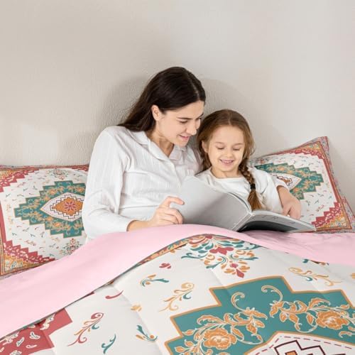 Erosebridal Boho Floral Queen Comforter Set - Colorful Aztec Flower Bedding Set for Kids Adults | Bohemian Vintage Flowers Quilt | Oriental Aesthetic Bedroom Decor with 2 Pillowcases - Image 6