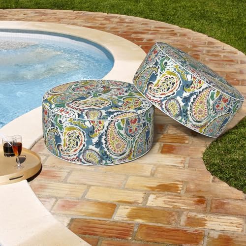 Outdoor Patio Inflatable Ottoman, 21x9 Inch Portable Stool Ottoman with Handle, Round Footrest Stool for Home Garden Camping, Paradise Paisley - Image 5