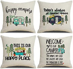 Happy Camper Pillow Covers Camping Our Happy Place Adventure Throw Pillow Case Cotton Linen Pillowcase Cushion Covers for Rv Trailer Couch Sofa Bed 18x18 Set of 4 by NYDECOR