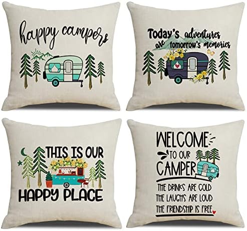 Happy Camper Pillow Covers Camping Our Happy Place Adventure Throw Pillow Case Cotton Linen Pillowcase Cushion Covers for Rv Trailer Couch Sofa Bed 18x18 Set of 4 by NYDECOR