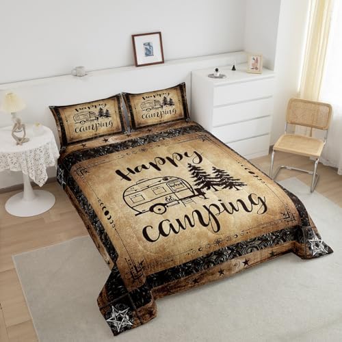 Erosebridal Happy Camping Bedding Sets King Western Camper Accessories Comforter Set for Rv Bunk,Travel Trailers Quilt Duvet Comforter for Teen Boys Adults Men Rustic Farmhouse Quilt Set - Image 4