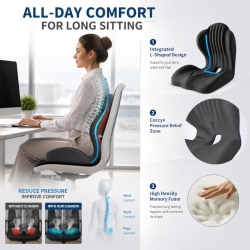 L-Shaped Ergonomic Seat Cushion with Lumbar Support for Office Chair Beige - Image 4