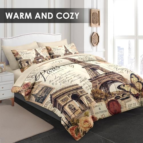 WeCozy Twin Comforter Set with Sheets, 5 Pieces Paris Vintage Bedding - Image 4