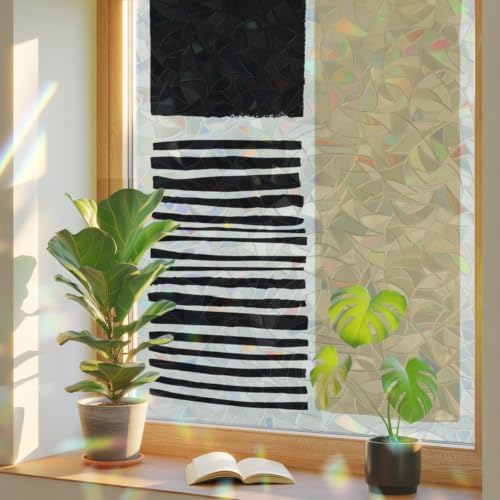 Beige Window Privacy Film Rainbow Static Cling Stain Glass Window Film for Glass Door, Decorative Heat Blocking Sunroof Decal Sticker for Car Home 35.4"x78.7" Modern Abstract Art Farmhouse Striped - Image 3