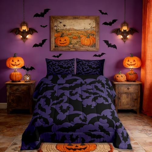 Castle Fairy Halloween Themed Bedding Comforters Queen Size,Black Bats Animal Print Comforter Set with 2 Pillowcases,Dark Purple Color 3pcs Children Adult Duvet Set,Soft - Image 3