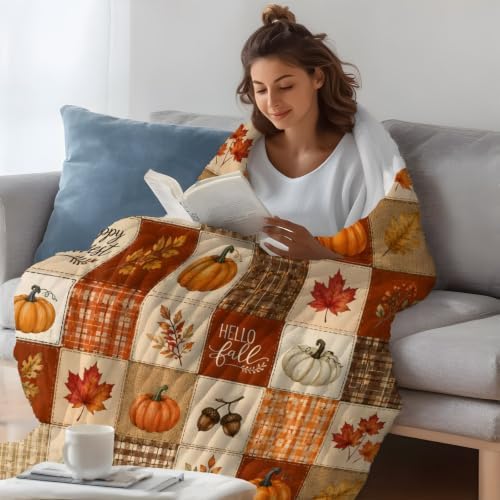 Fall Pumpkins Throw Blanket, Autumn Maple Leaves Fluffy Soft Blankets for Couch Bed, Orange Plaid Thanksgiving Plush Microfiber Striped Flannel Blankets, Farmhouse Lightweight Sofa Blankets 60"x80" - Image 5